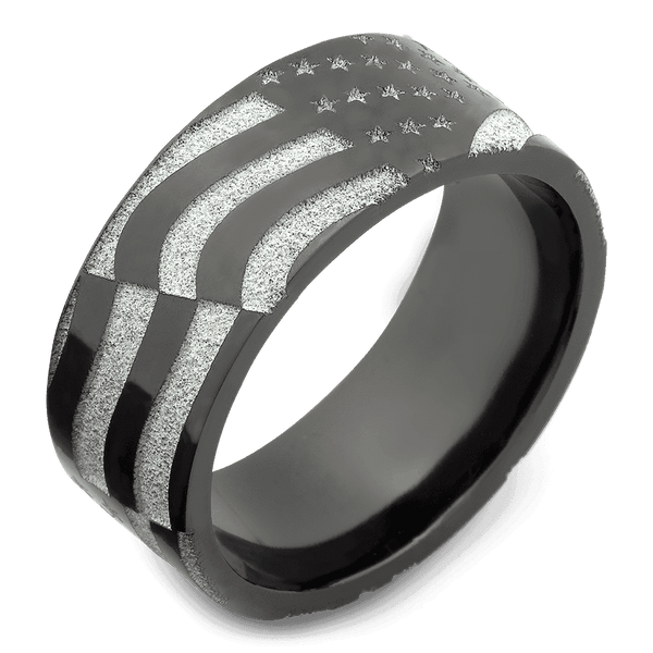 Men's Black Zirconium Wedding Ring with 9mm American Flag Band | Bonzerbands