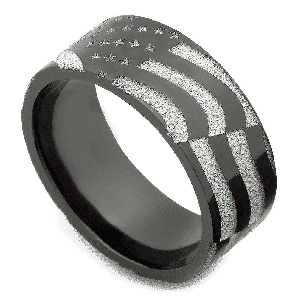 Men's Black Zirconium Wedding Ring with 9mm American Flag Band | Bonzerbands