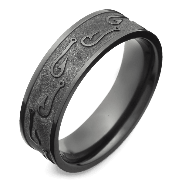 Men's Black Zirconium Wedding Ring with 7mm Fish Hook Detailing Band | Bonzerbands