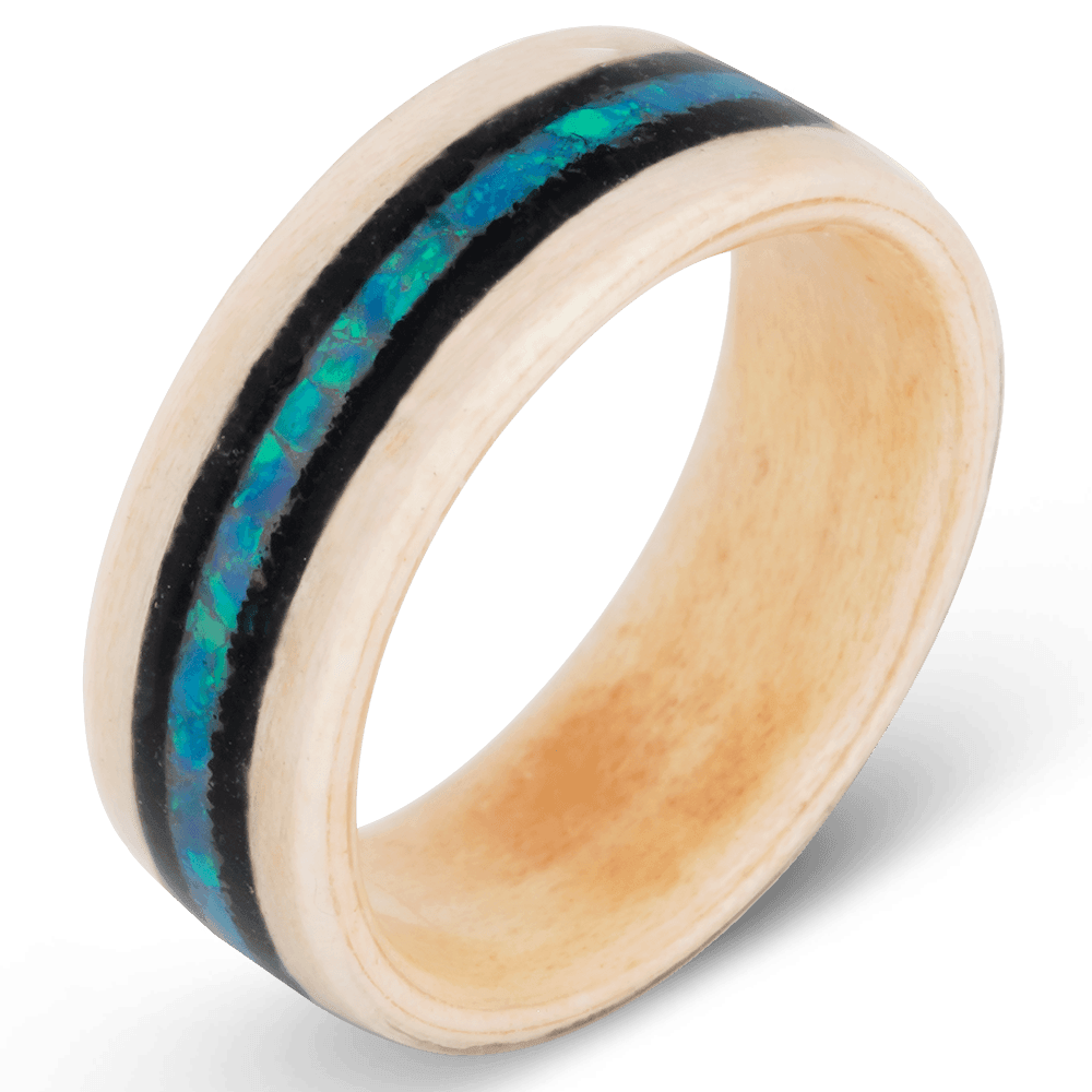 Men's Maple Wood Wedding Ring with 8mm Blue Opal Band | Bonzerbands