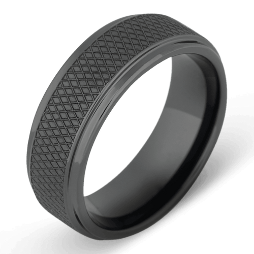 Men's Ceramic Wedding Ring with 7mm Black Hockey Puck Pattern Band | Bonzerbands