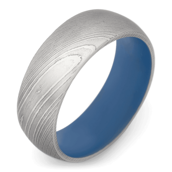Men's Damascus Steel Wedding Ring with 8mm Blue Cerakote Band | Bonzerbands