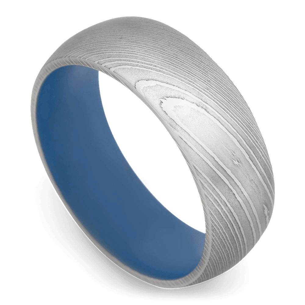 Men's Damascus Steel Wedding Ring with 8mm Blue Cerakote Band | Bonzerbands