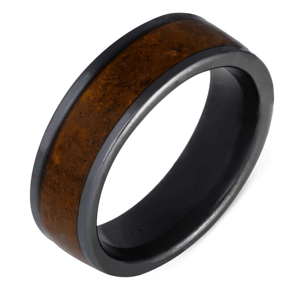 Men's Black Zirconium Wedding Ring with 8mm Red Dinosaur Bone Band | Bonzerbands
