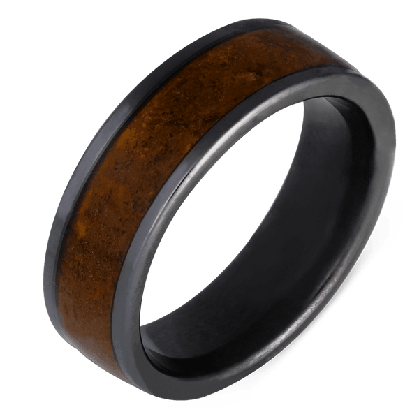 Men's Black Zirconium Wedding Ring with 8mm Red Dinosaur Bone Band | Bonzerbands