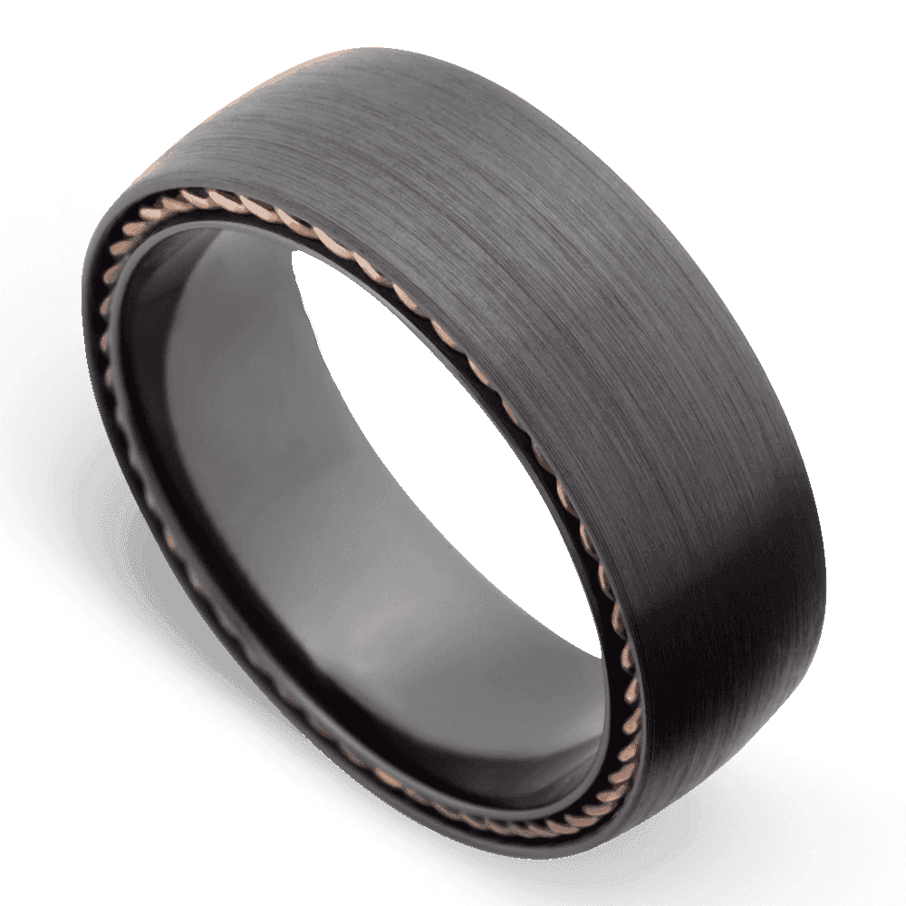 Men's Black Zirconium Wedding Ring with 8mm 14k Rose Gold Band | Bonzerbands