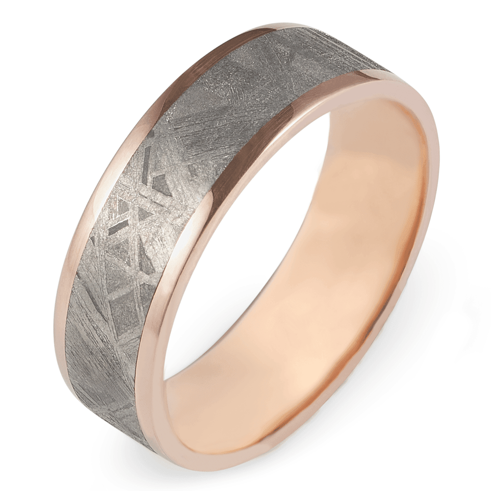 Men's 14k Rose Gold Wedding Ring with 7mm Gibeon Meteorite Band | Bonzerbands