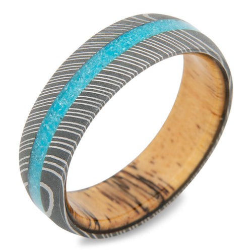 Men's Damascus Steel Wedding Ring with 7mm Turquoise Band | Bonzerbands