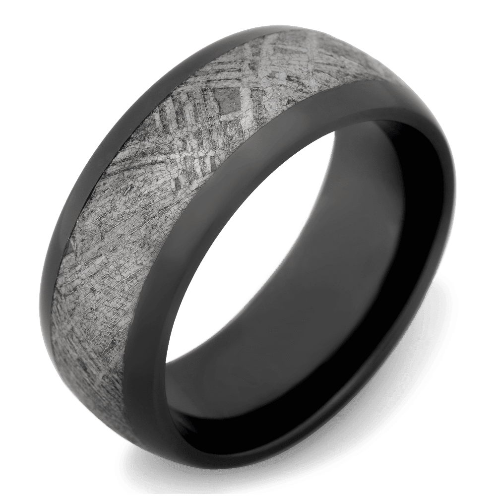 Men's Black Zirconium Wedding Ring with 8mm Gibeon Meteorite Band | Bonzerbands