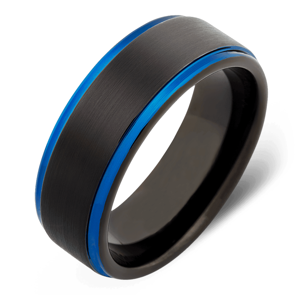 Men's Black Plated Tungsten Wedding Ring with 8mm Blue Groove Band | Bonzerbands
