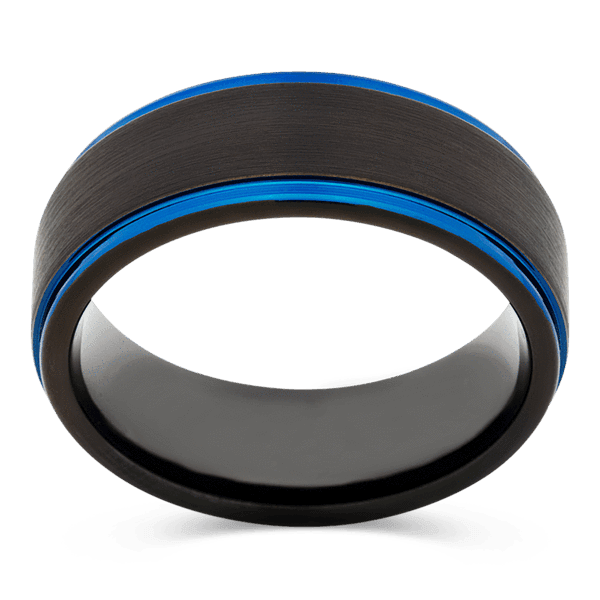 Men's Black Plated Tungsten Wedding Ring with 8mm Blue Groove Band | Bonzerbands