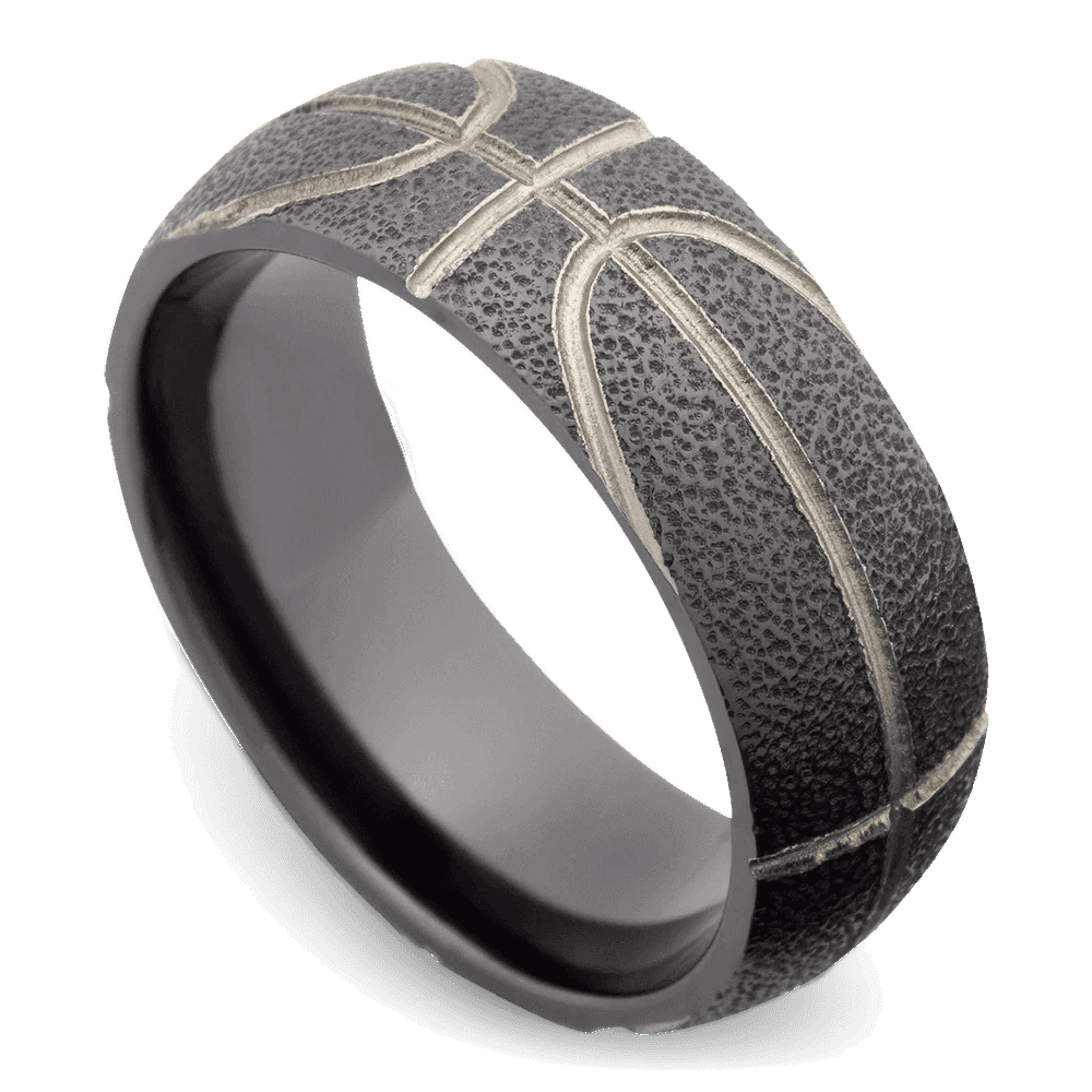 Men's Black Zirconium Wedding Ring with 8mm Beasketball Engraved Band | Bonzerbands