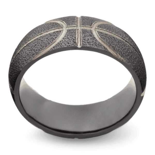 Men's Black Zirconium Wedding Ring with 8mm Beasketball Engraved Band | Bonzerbands