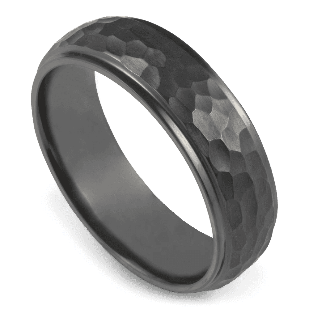 Men's Black Zirconium Wedding Ring with 7mm Hammered Finish Band | Bonzerbands