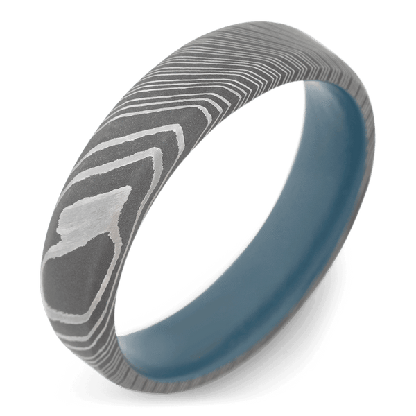 Men's Damascus Steel Wedding Ring with 6mm Blue Cerakote Band | Bonzerbands