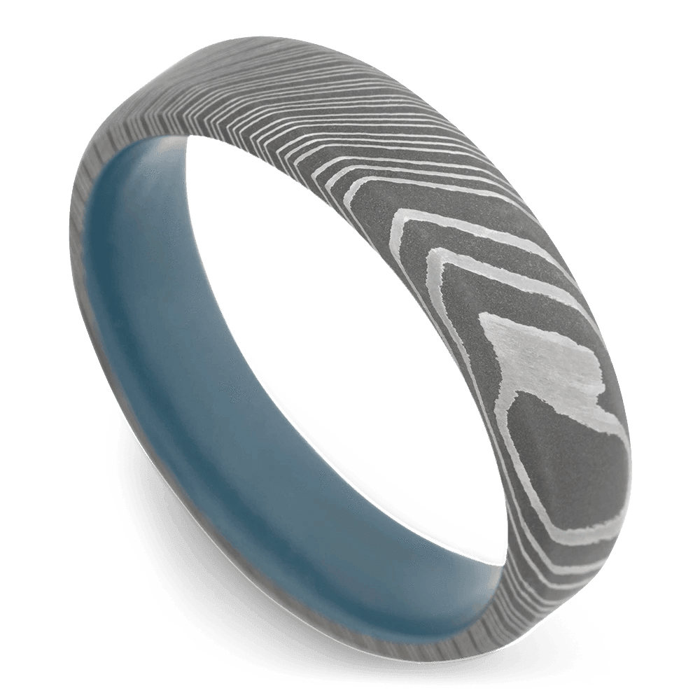 Men's Damascus Steel Wedding Ring with 6mm Blue Cerakote Band | Bonzerbands
