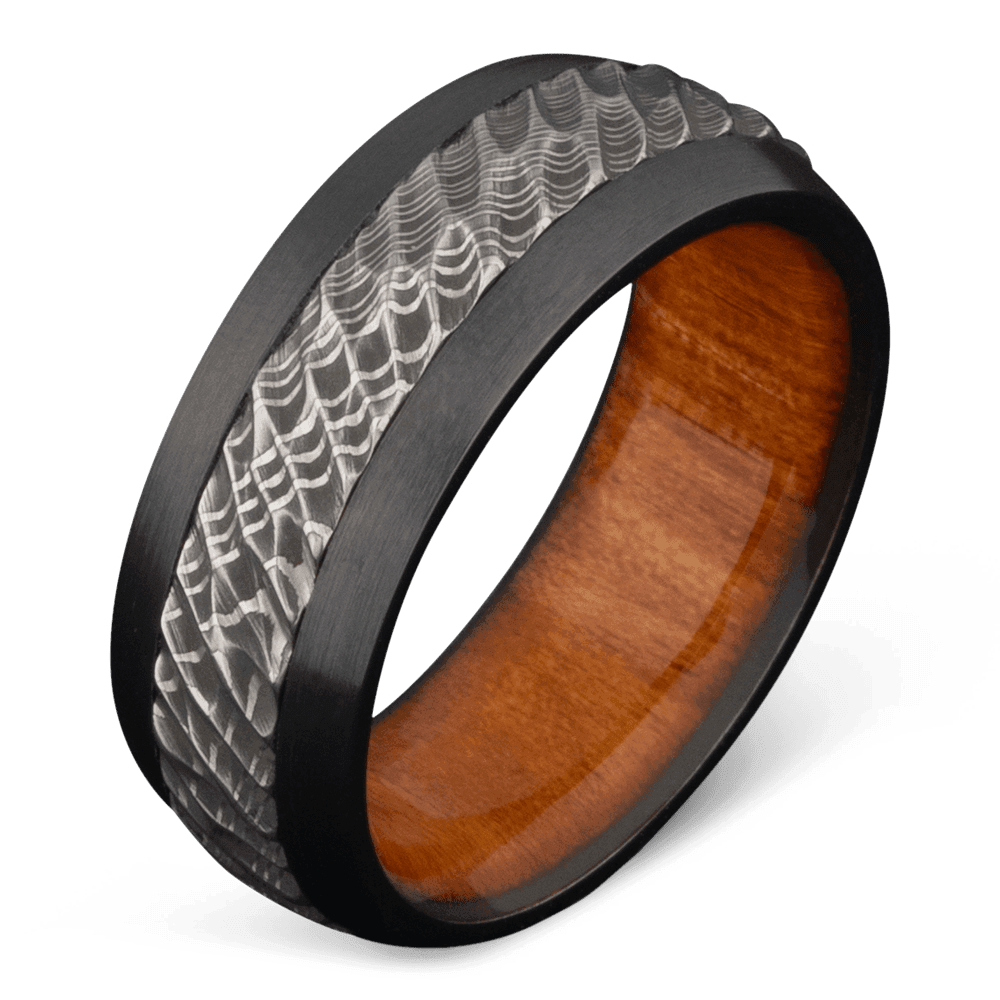 Men's Black Zirconium Wedding Ring with 8mm Damascus Steel and Redheart Wood Band | Bonzerbands