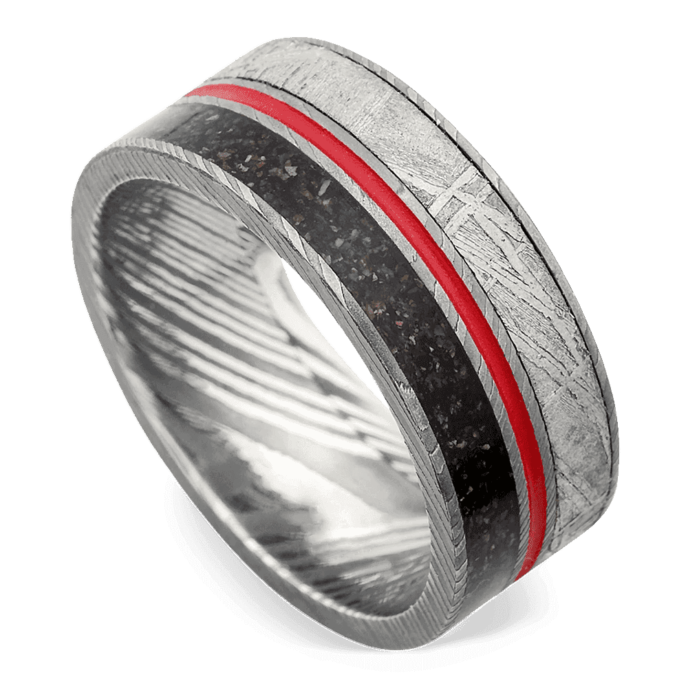Men's Damascus Steel Wedding Ring with 9mm Damascus Steel Black Band | Bonzerbands