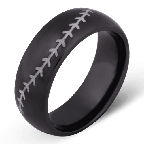 Men's Black Zirconium Wedding Ring with 8mm Baseball Design Band | Bonzerbands