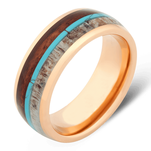 Men's Tungsten Wedding Ring with Turquoise and Koa Wood 8mm 18k Rose Gold Band | Bonzerbands