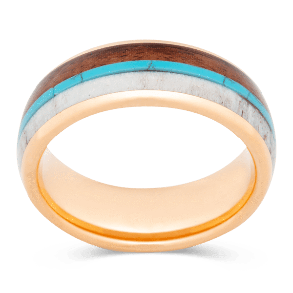 Men's Tungsten Wedding Ring with Turquoise and Koa Wood 8mm 18k Rose Gold Band | Bonzerbands