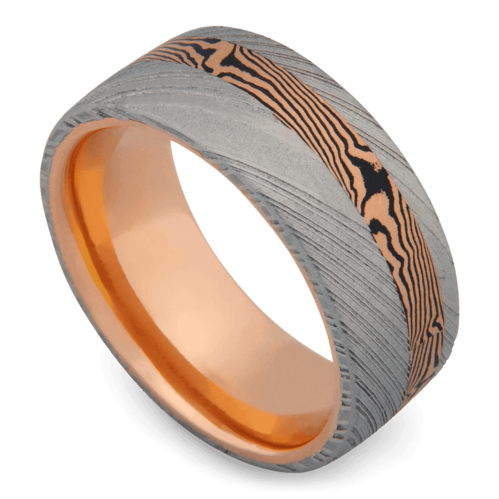 Men's Damascus Steel Wedding Ring with 9mm 14k Rose Gold Band | Bonzerbands