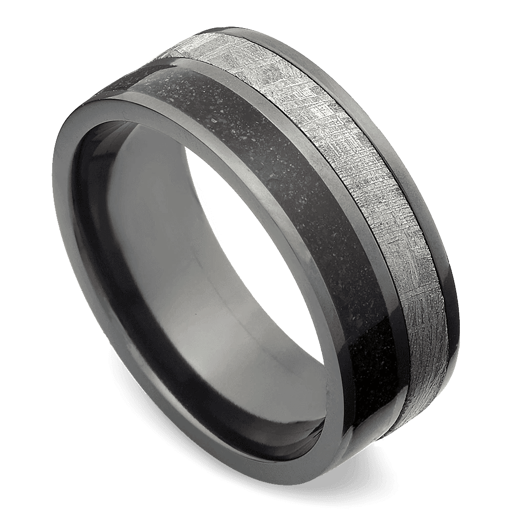 Men's Black Zirconium Wedding Ring with 9mm Black Dinosaur Bone Band | Bonzerbands