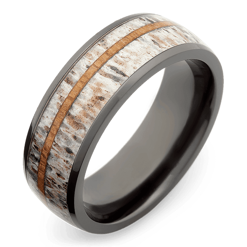 Men's Black Zirconium Wedding Ring with 8mm Deer Antler Band | Bonzerbands