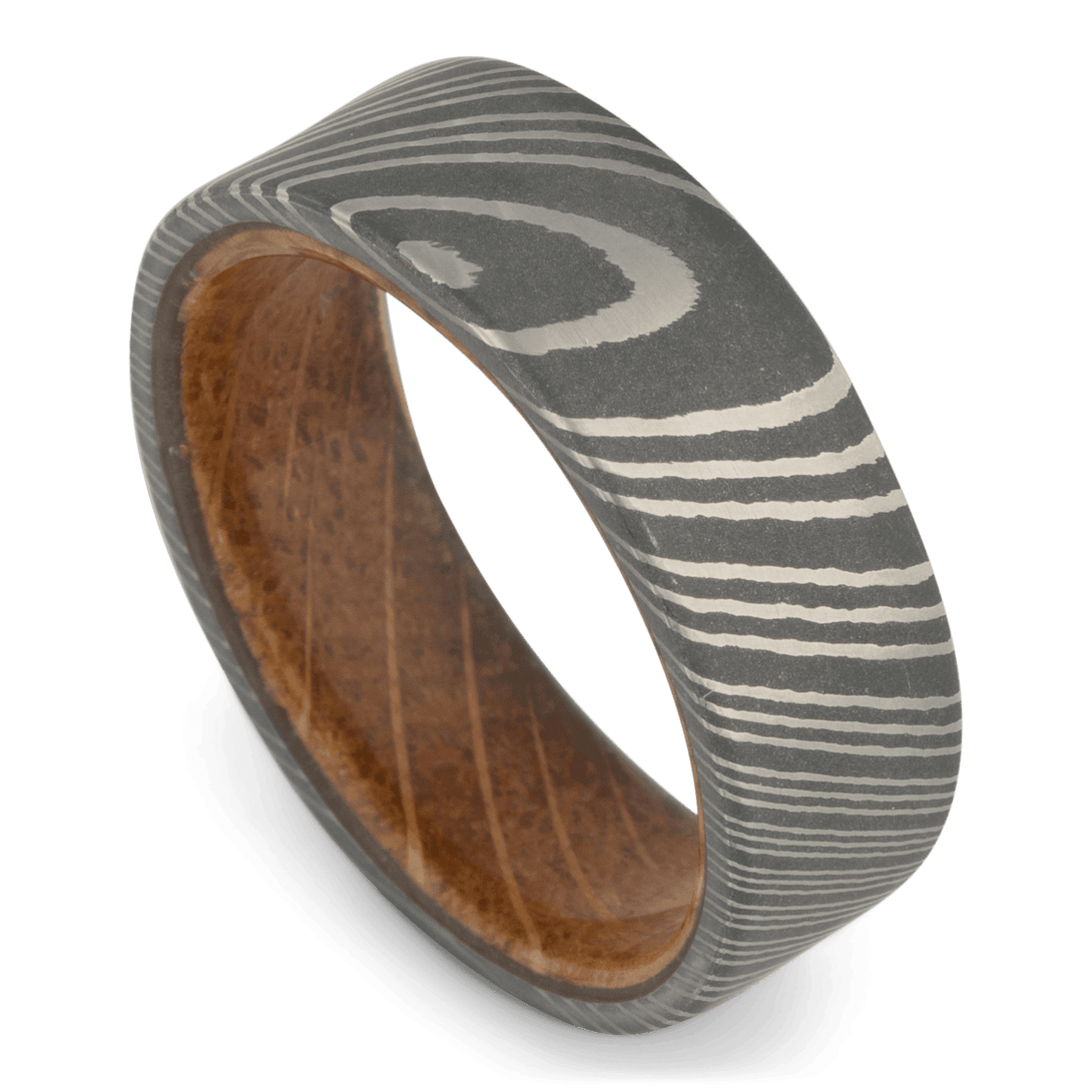 Men's Damascus Steel Wedding Ring with 8mm Whiskey Barrel Band | Bonzerbands
