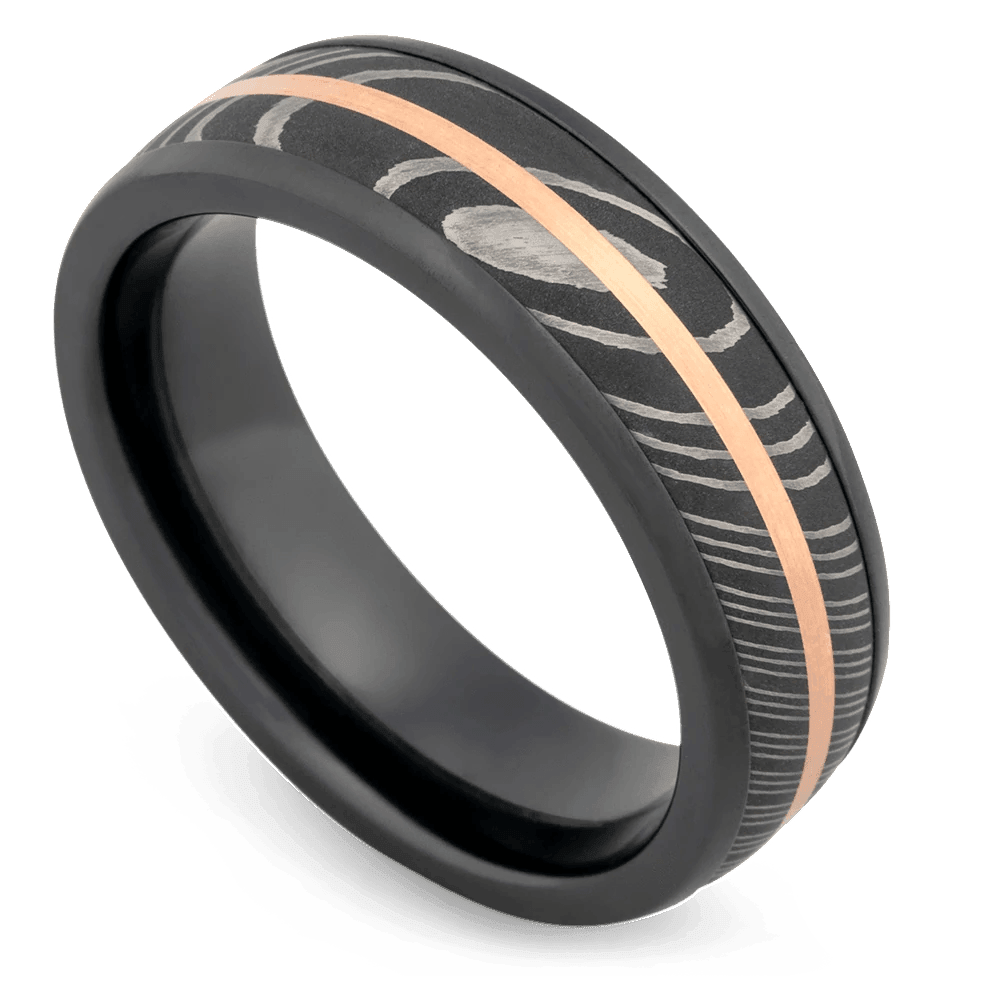 Men's Black Zirconium Wedding Ring with 7mm 14k Rose Gold Band | Bonzerbands