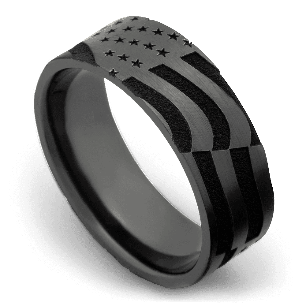 Men's Black Zirconium Wedding Ring with 9mm American Flag Engraved Band | Bonzerbands