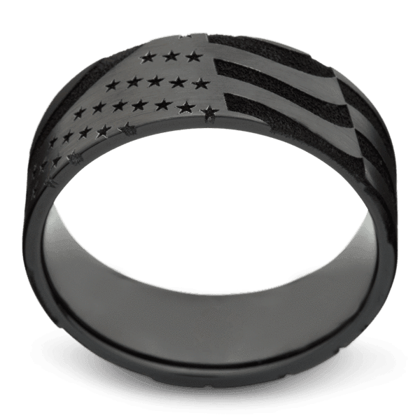 Men's Black Zirconium Wedding Ring with 9mm American Flag Engraved Band | Bonzerbands