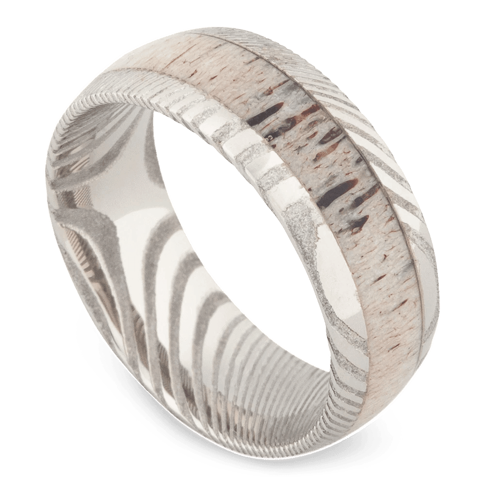 Men's Damascus Steel Wedding Ring with 8mm Deer Antler Band | Bonzerbands