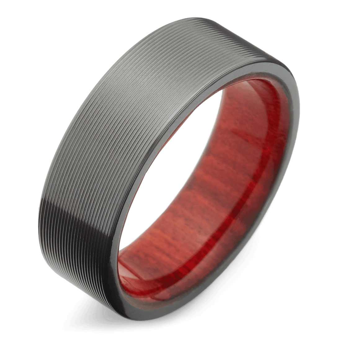 Men's Black Zirconium Wedding Ring with 8mm Redheart Wood Band | Bonzerbands