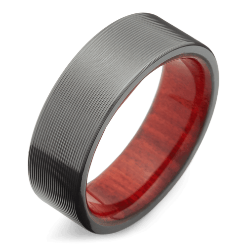 Men's Black Zirconium Wedding Ring with 8mm Redheart Wood Band | Bonzerbands