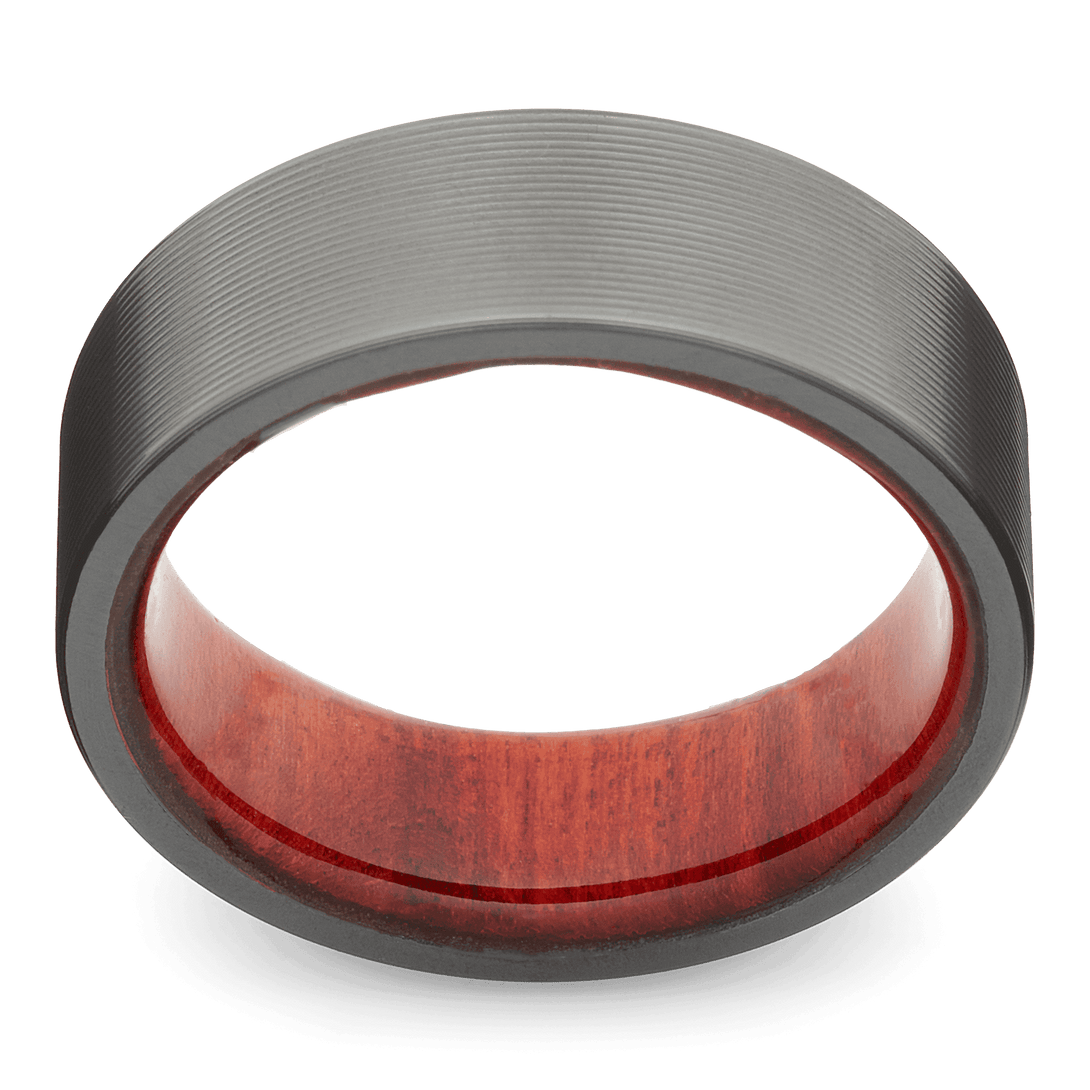 Men's Black Zirconium Wedding Ring with 8mm Redheart Wood Band | Bonzerbands