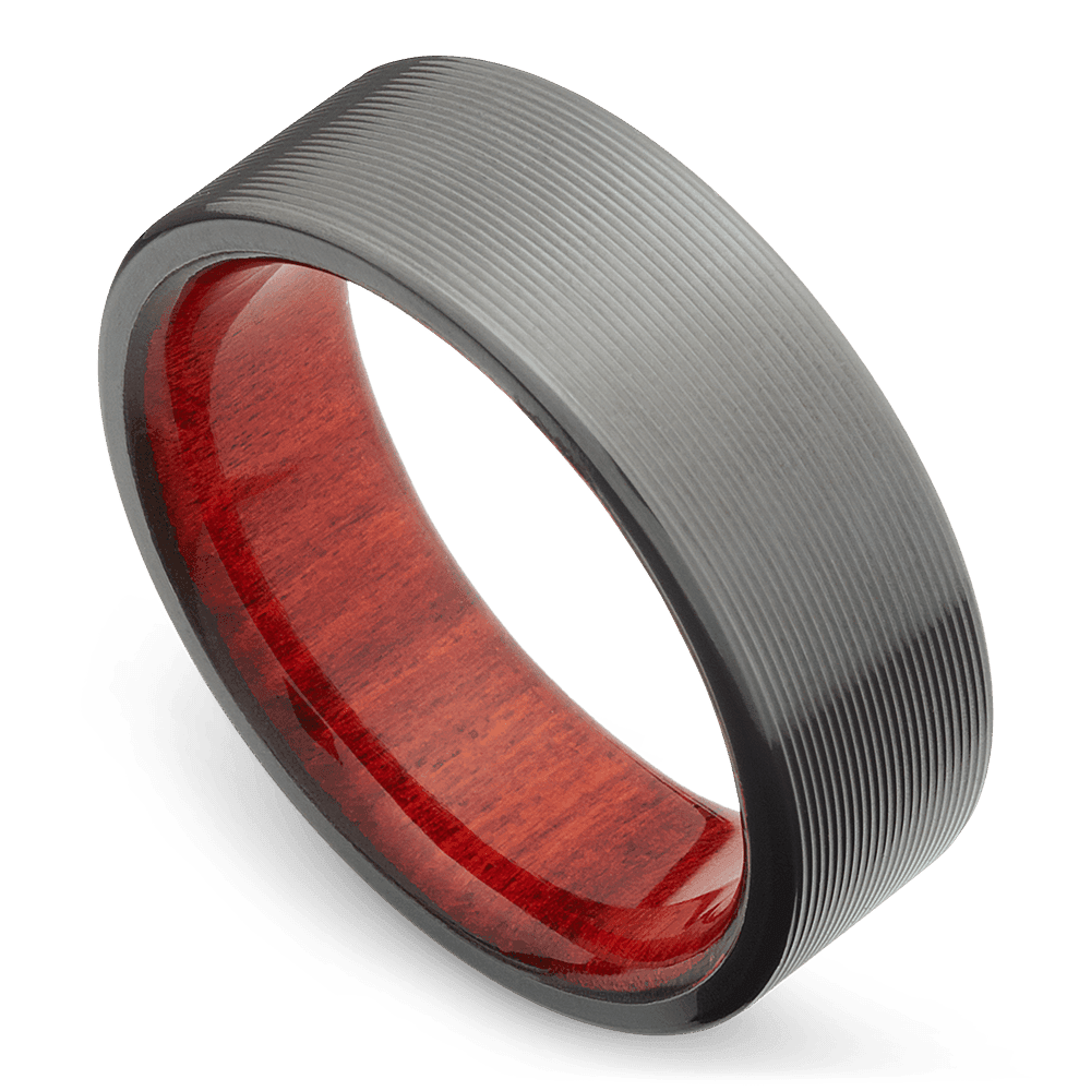 Men's Black Zirconium Wedding Ring with 8mm Redheart Wood Band | Bonzerbands
